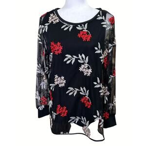Alfani Black Red Sheer Embroidered Floral Pullover Black Tank Top Medium